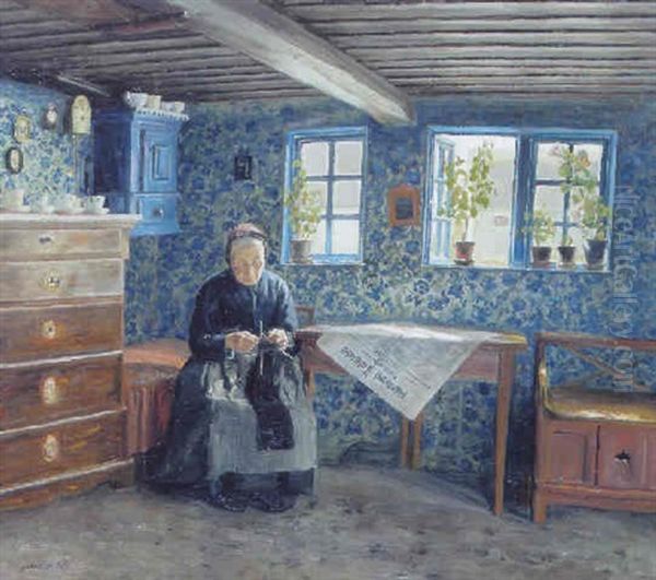 Interior Med Kone, Der Strikker Oil Painting by Soren Christiansen