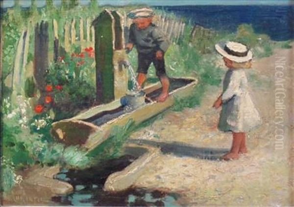 Children At The Water Pump Oil Painting by James Elder Christie