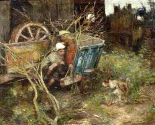 Zwei Spielende Kinder Verstecken Sich In Einem Holzkarren Vor Einem Bellenden Hund Oil Painting by James Elder Christie