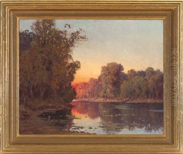 Panoramic River Landscape At Dusk Oil Painting by Ernest William Christmas