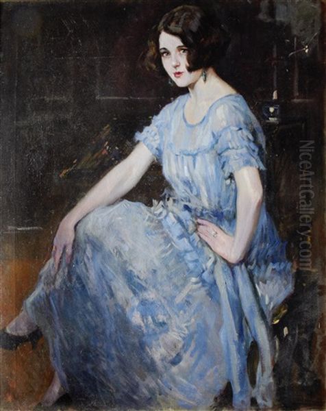 Portrait Of A Young Woman In A Blue Dress Oil Painting by Alejandro Christophersen