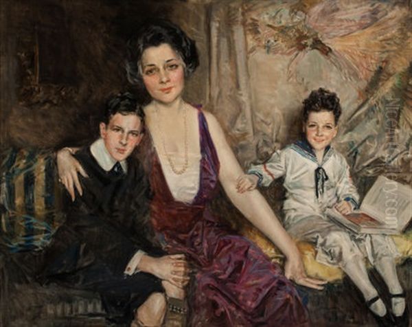 Portrait Of A Woman And Two Children Oil Painting by Howard Chandler Christy