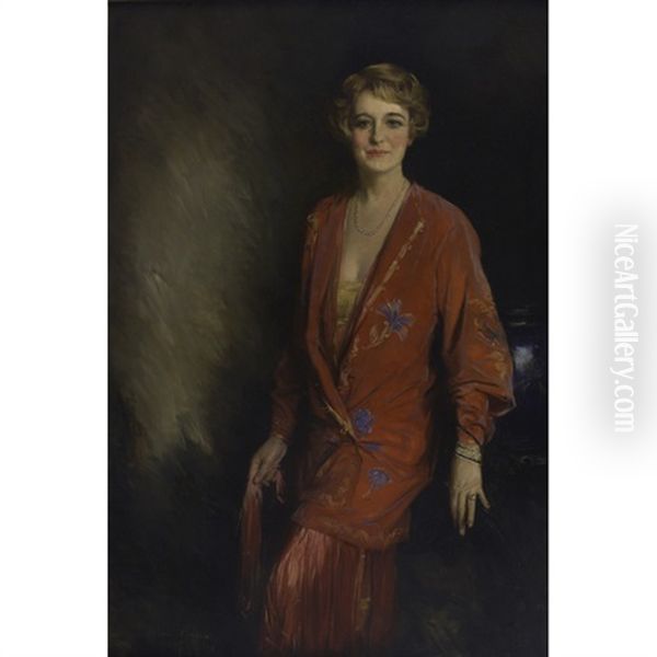 Portrait Of A Woman In A Red Dress Oil Painting by Howard Chandler Christy