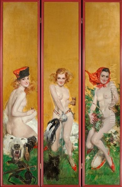 Three Nudes, Hunting, Fencing, And Tambourine, Screen (triptych) Oil Painting by Howard Chandler Christy