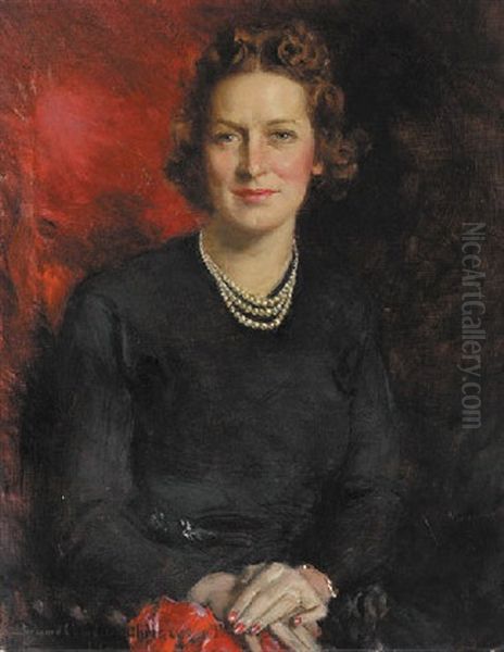 Portrait Of A Seated Lady Wearing A Triple Strand Of Pearls Oil Painting by Howard Chandler Christy