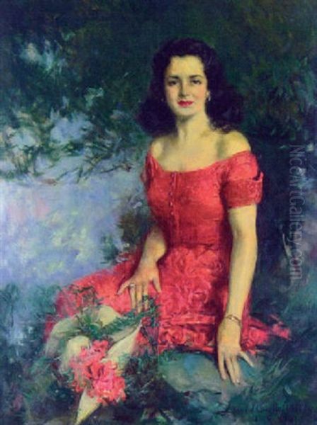 Beautiful Seated Woman In Red Dress Oil Painting by Howard Chandler Christy