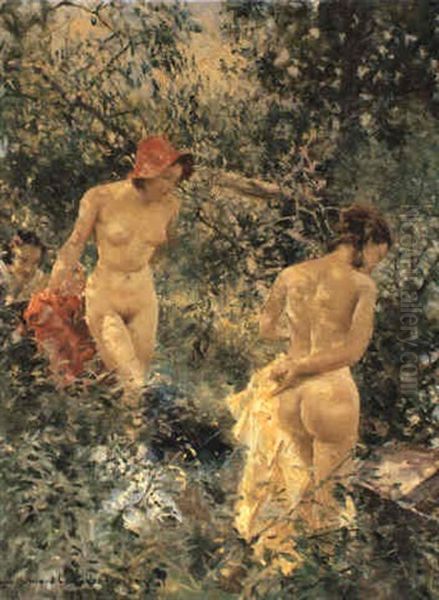 Two Nudes By A Stream Oil Painting by Howard Chandler Christy