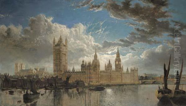 View Of Westminster From The River Thames Oil Painting by John Macvicar Anderson