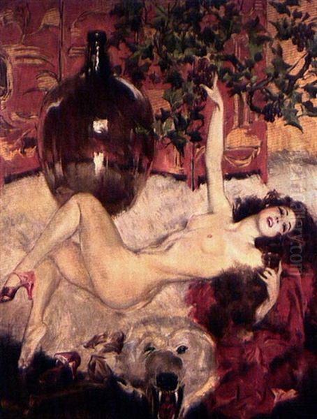 Nude On A Bearskin Rug Oil Painting by Howard Chandler Christy