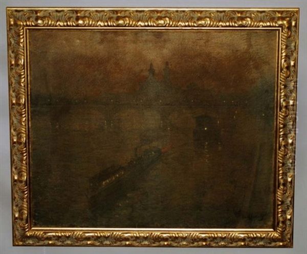 Paris Nocturnal Scene On The Seine Oil Painting by Jean Adolphe Chudant