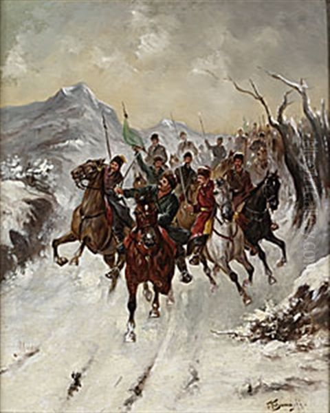 Ridande Kosacker I Snolandskap Oil Painting by Fedor Petrovich Chumakov