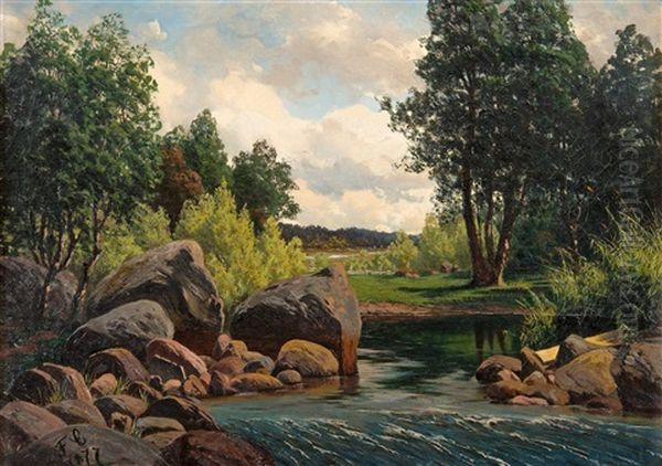 River Landscape Oil Painting by Fanny Maria Churberg