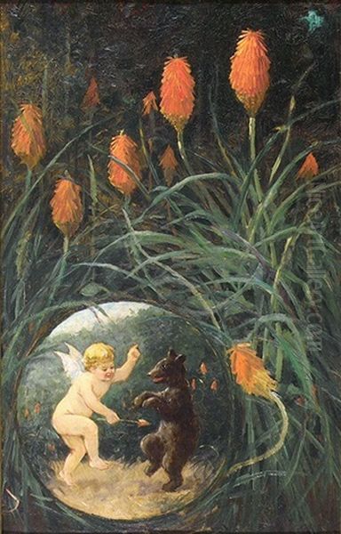 Fairy And Bear In Garden Oil Painting by Frederick Stuart Church