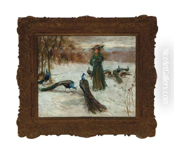 Peacocks In The Snow Oil Painting by Frederick Stuart Church