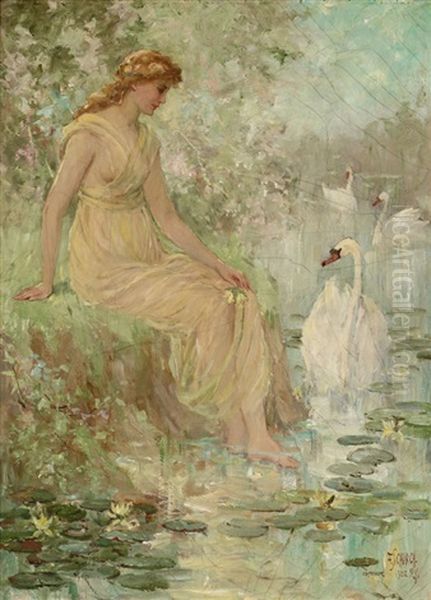 Ethereal Woman Sitting Near Swans Oil Painting by Frederick Stuart Church