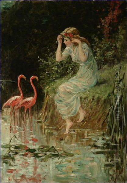 Flamingoes (sic) Depicting A Young Girl Dipping Her Toe Into A Pond Near Flamingos Oil Painting by Frederick Stuart Church