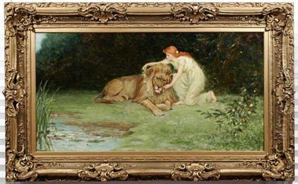 Lady Placing A Wreath Of Flowers On A Lion Oil Painting by Frederick Stuart Church