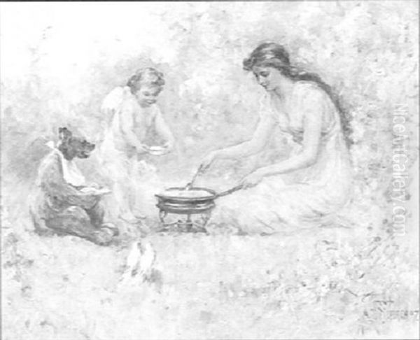 Woman Outdoors Preparing Meal For Cupid, Bear And Doves Oil Painting by Frederick Stuart Church