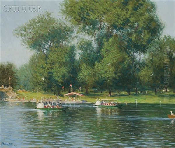 Swan Boats On Lake, Public Garden Oil Painting by William Worcester Churchill