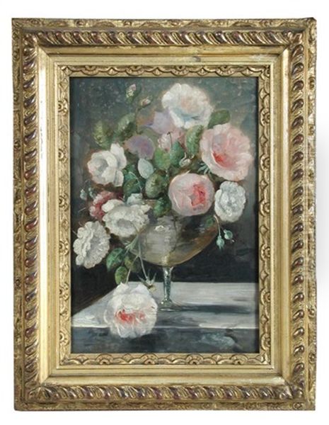 Still Life Of Spring Flowers, Narcissi, Bluebells, Roses And Pelargoniums; And Still Life Of English Rambling Roses And Peonies (a Pair) Oil Painting by Thomas Churchyard