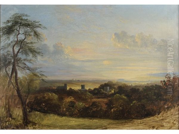 The Sun Setting Over A Village In A Wooded Landscape, Said To Be In Suffolk Oil Painting by Thomas Churchyard