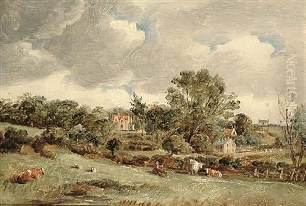 Cattle And Sheep In A Country Landscape Oil Painting by Thomas Churchyard