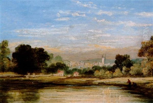 Flusslandschaft Mit Fischern Und Blick Auf Eine Stadt Oil Painting by Thomas Churchyard