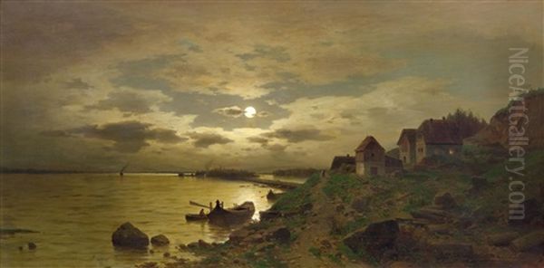 Flusslandschaft An Der Donau Bei Vollmond Oil Painting by Adolf Chwala