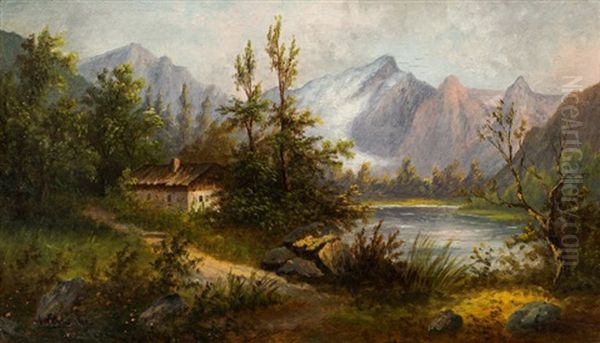 Gebirgslandschaft Mit Hof Und See Oil Painting by Adolf Chwala