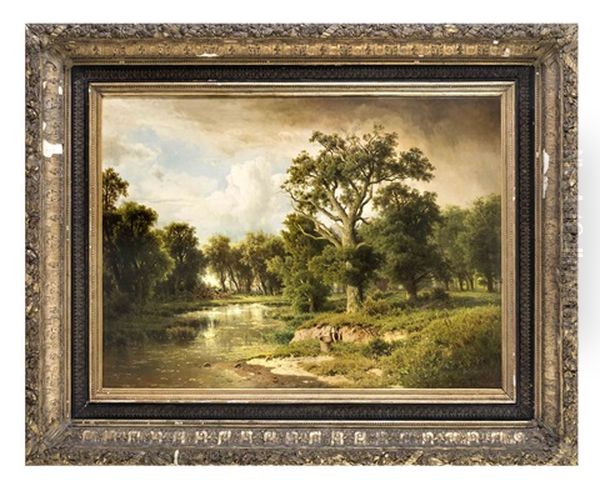 Waldige Uferlandschaft Mit Wascherin Oil Painting by Adolf Chwala