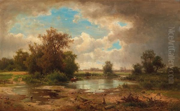 Open Landscape With Pond Oil Painting by Adolf Chwala