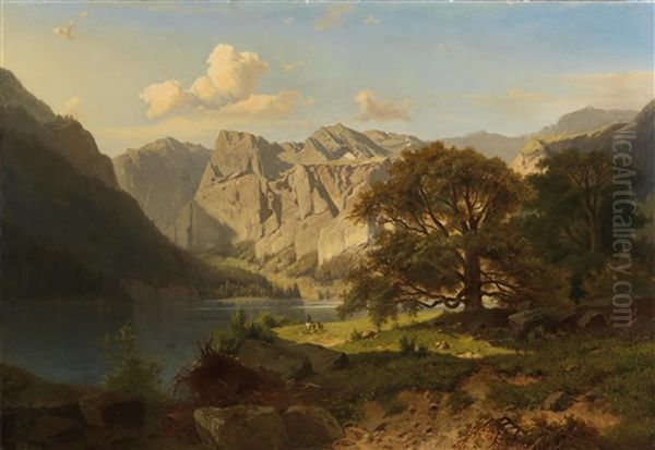 A Mountain Lake With Shepherds Oil Painting by Adolf Chwala