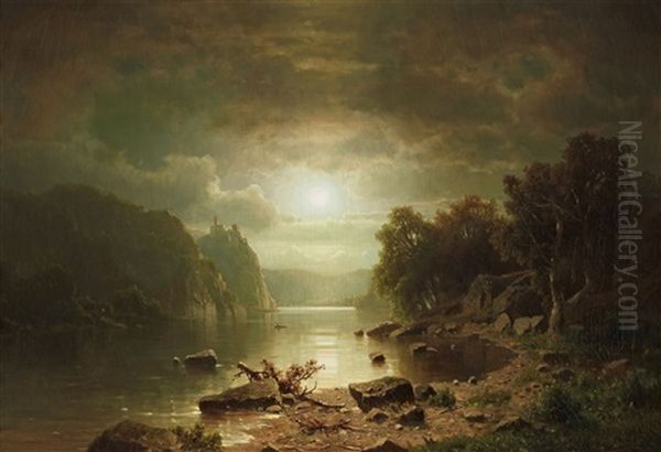 Flusslandschaft Mit Burg Bei Mondschein Oil Painting by Adolf Chwala