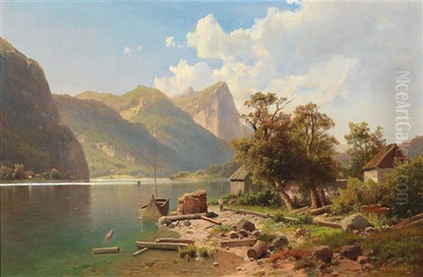 Scene Of The Mondsee With View Of The Drachenwand Oil Painting by Adolf Chwala