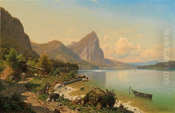 Scene On Mondsee Near Scharfling With View Of The Drachenwand Oil Painting by Adolf Chwala