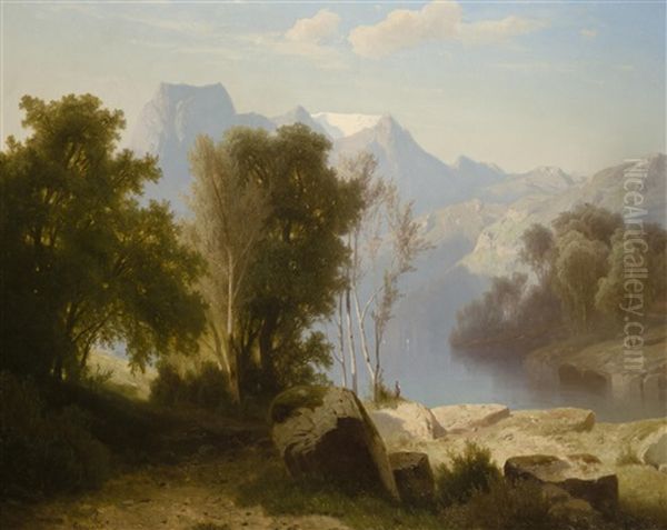 Alpine Landscape With Lake Oil Painting by Adolf Chwala