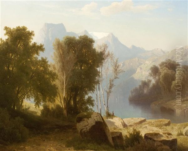 Alpine Landscape With Lake Oil Painting by Adolf Chwala