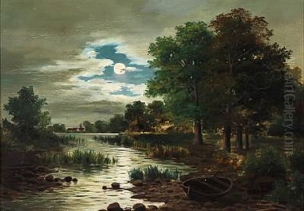 Full Moon With A Forest Lake Oil Painting by Adolf Chwala