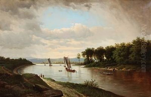 River Landscape With Sailing Ships Oil Painting by Adolf Chwala