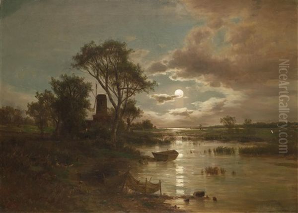 Flusslandschaft Mit Windmuhle Im Abendlicht Oil Painting by Adolf Chwala