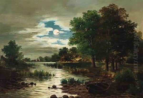 Full Moon At A Forest Lake Oil Painting by Adolf Chwala