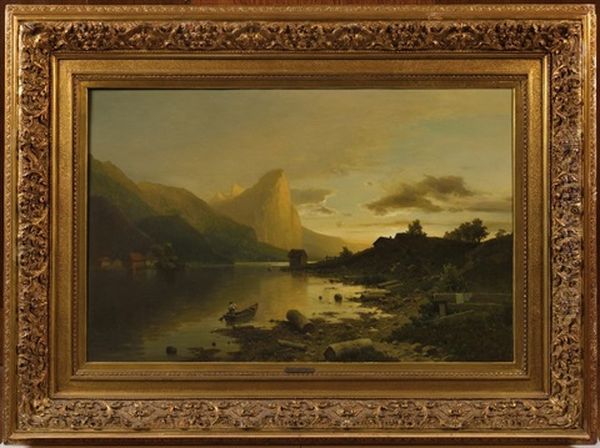 Evening On The Mondsee Lake With The Dragon Rock Oil Painting by Adolf Chwala