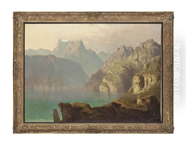 An Alpine Lake Oil Painting by Adolf Chwala