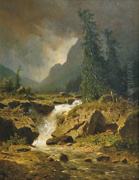 Landscape With A Waterfall In A Storm Oil Painting by Adolf Chwala