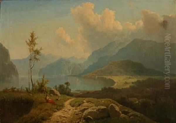 View From Konigssee With St. Bartholomew's Church Near The Coast Oil Painting by Adolf Chwala