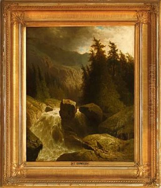 A Waterfall In A Mountain Landscape by Adolf Chwala