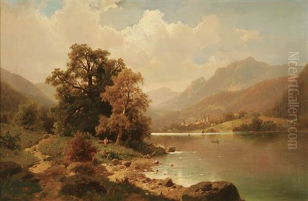 Mountain Lake Scene Oil Painting by Adolf Chwala