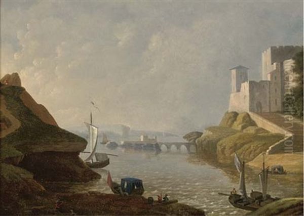 Figures And Vessels By A Coastal Fortress Oil Painting by Adolf Chwala