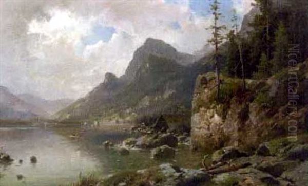 Mountainous Landscape With Lake Oil Painting by Adolf Chwala