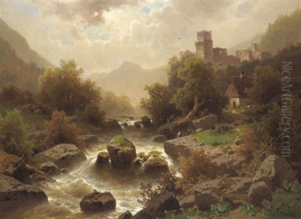 Ein Angler Am Reisenden Bach, Hintergrund Eine Burg Oil Painting by Adolf Chwala